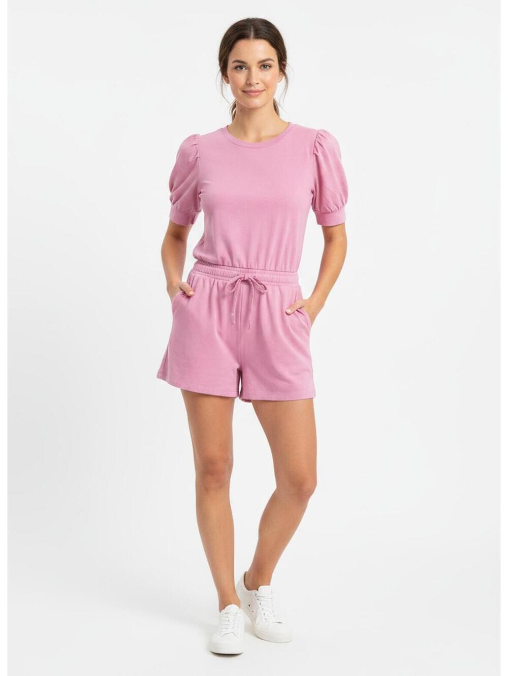 Daily Ritual Pink Puff Sleeve Romper with Drawstring Waist - Size XS
